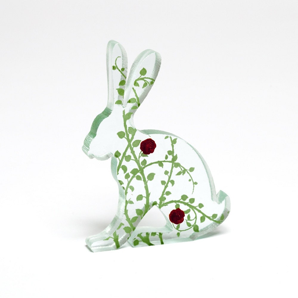 Rosebud Glass Hare Sculpture Green Screen Printed Enamel