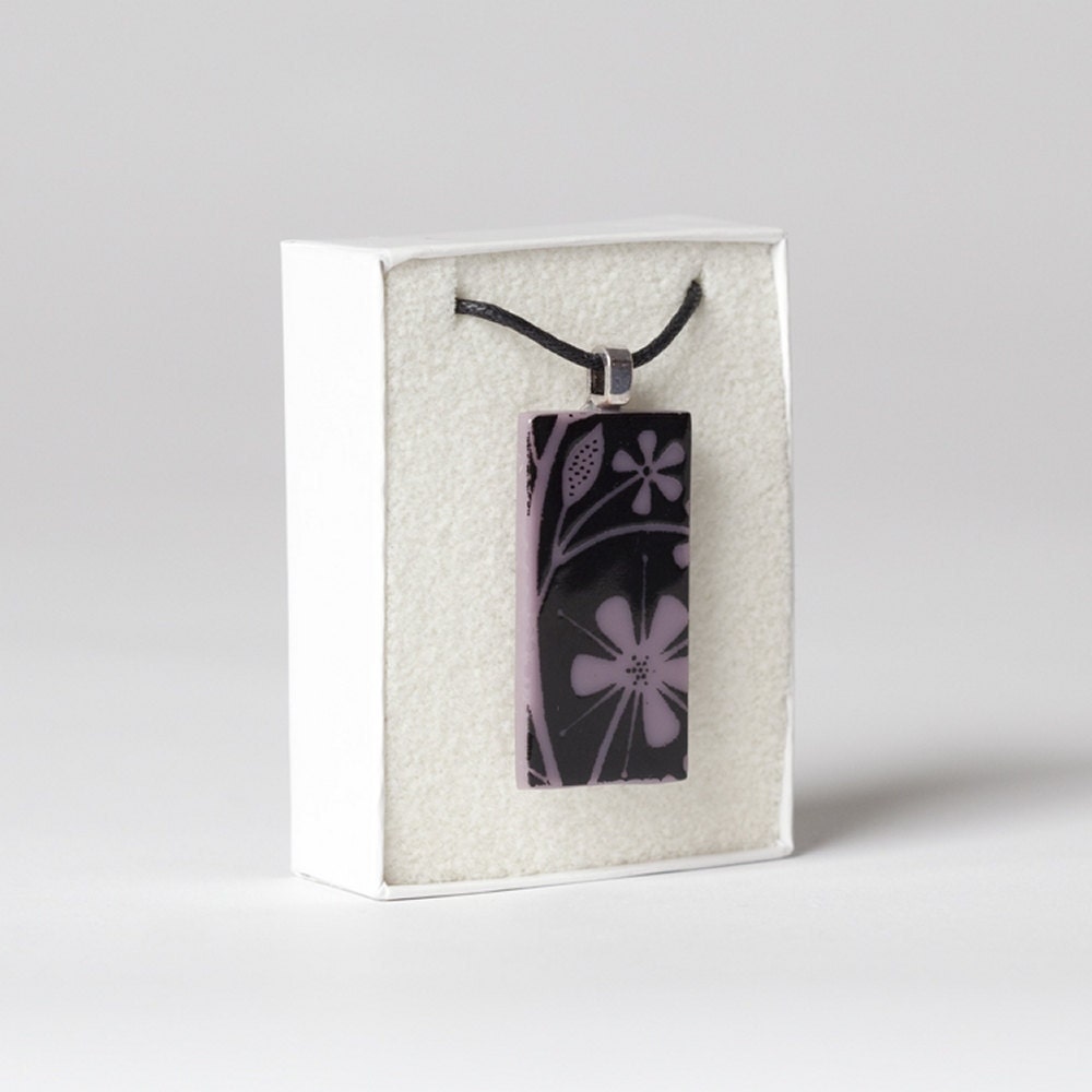 Glass Flower Pendant Purple Black Enamel on Cotton