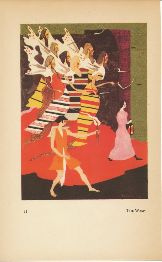 Antique Jean De Bosschere - The Wasps Greek Play - Illustration Color Lithograph Print