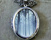 Photo Locket - Ink and Snow - Winter Fog and Trees Enchanted Forest Wearable Art Photo Locket Necklace - Silver Edition