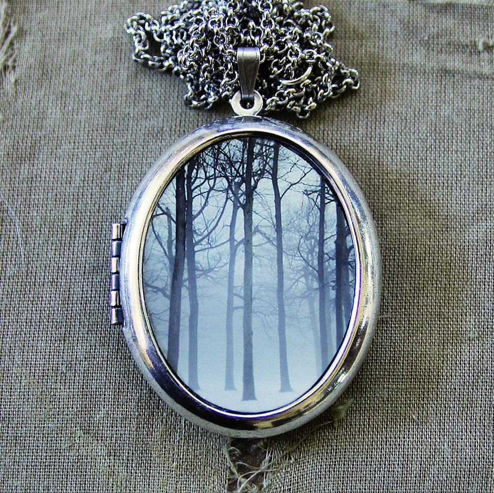 Photo Locket - Ink and Snow - Winter Fog and Trees Enchanted Forest Wearable Art Photo Locket Necklace - Silver Edition