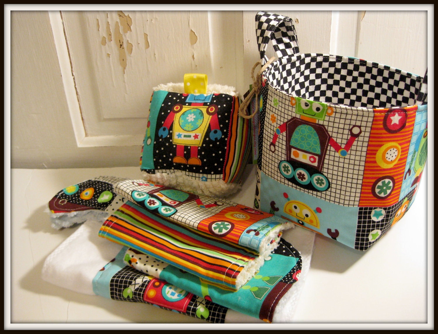 Robots Baby Gift Basket--- Burp Cloth, Bib, Rattle Block, Wash Cloth Set and Fabric Basket