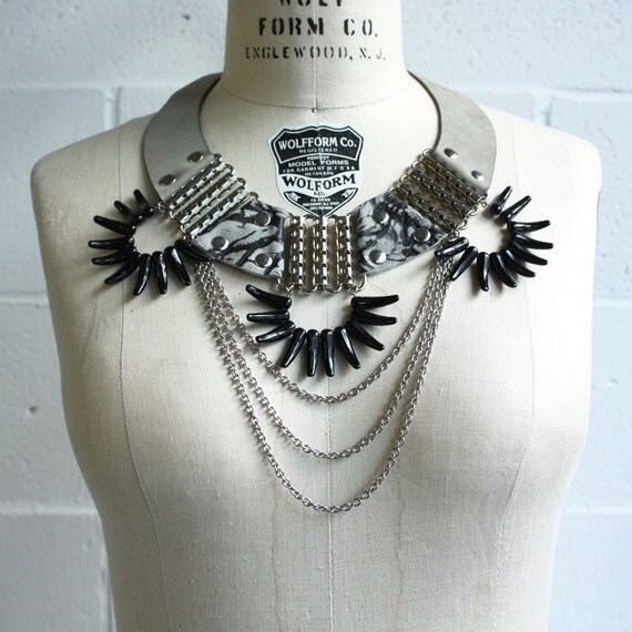 Battle Necklace - Grey Leather, Marbled Leather, Chain and Glass Spikes