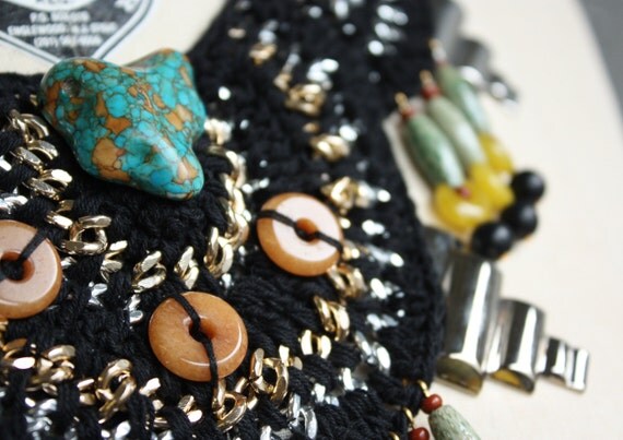 Crochet and Chain Beaded Bib Necklace - The