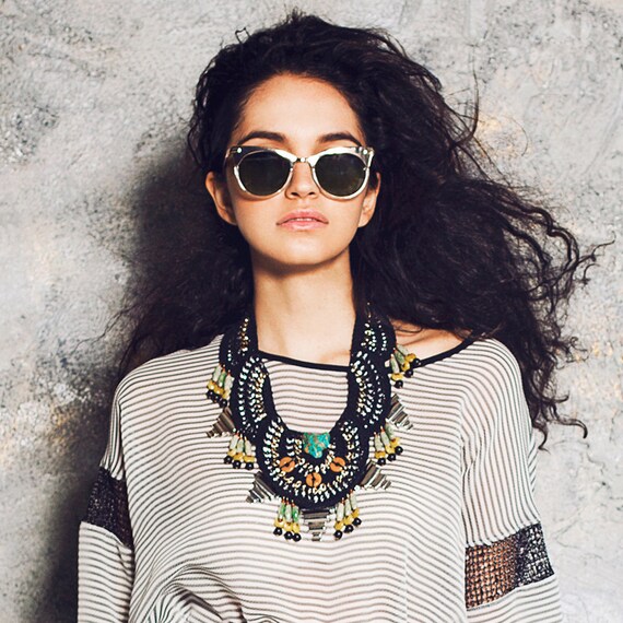 Crochet and Chain Beaded Bib Necklace - The