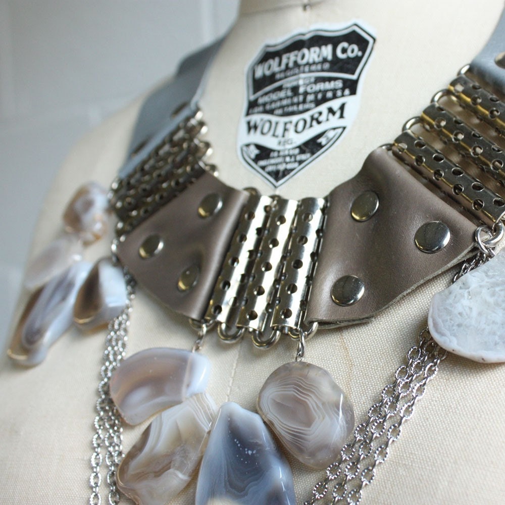 Battle Necklace - Taupe Leather, Grey Leather and Grey Agate