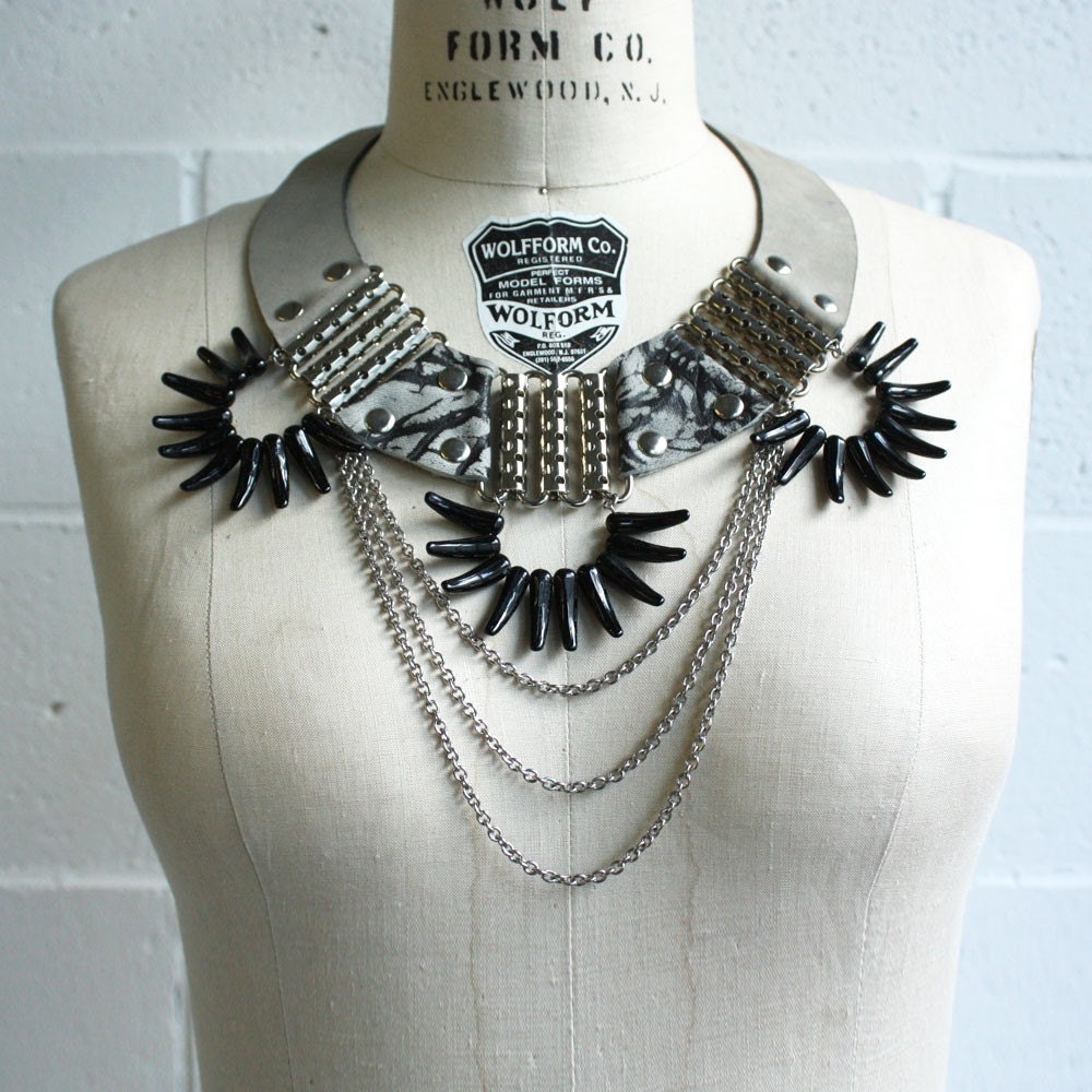 Battle Necklace - Grey Leather, Marbled Leather, Chain and Glass Spikes