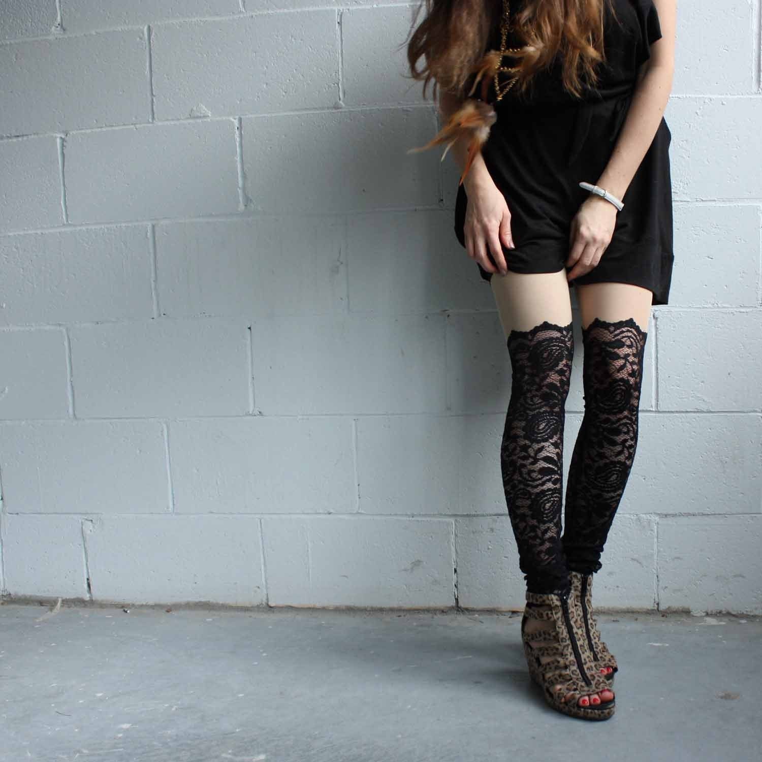 Lace Leggings - Black Lace - Psych Out Faux Thigh High - LAST PAIR