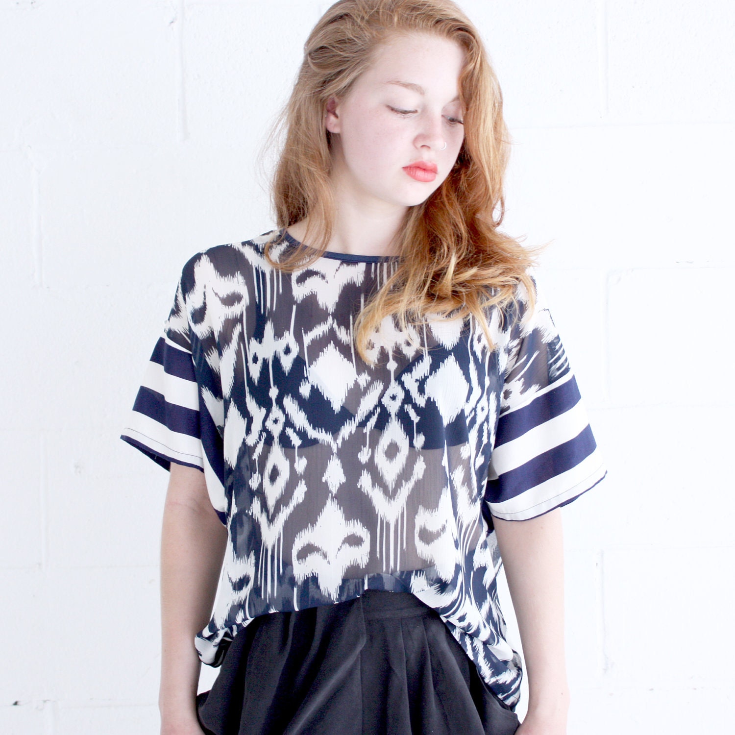 Slouch Tee - Navy and White - Ikat and Stripes - size L - LAST ONE