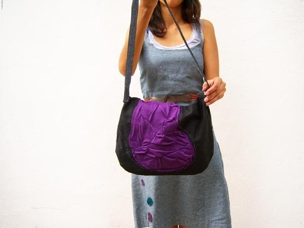 Purple pleats on navy Denim Handbag