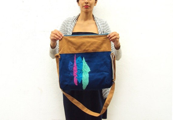 Mint and Blue pleats on Dark Blue fold over Bag