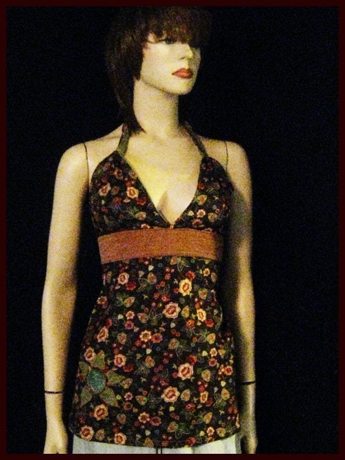 Open Back Sexy Hippie Brown Top tie in back flower print earthtone festival shirt
