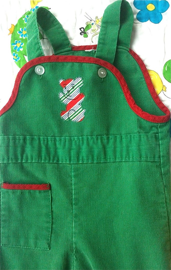 teddy bear with green overalls