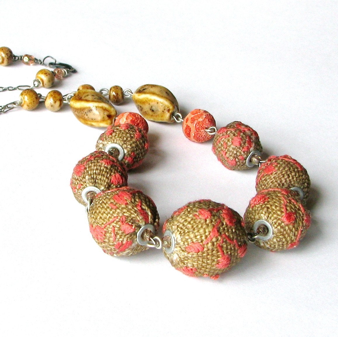 Hand Embroidered Jute Necklace and Earring SET Beaded Jewelry Jute tan and coral