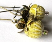 FABRIC Flower  Earrings Beaded Jewelry "DAHLIA" yellow