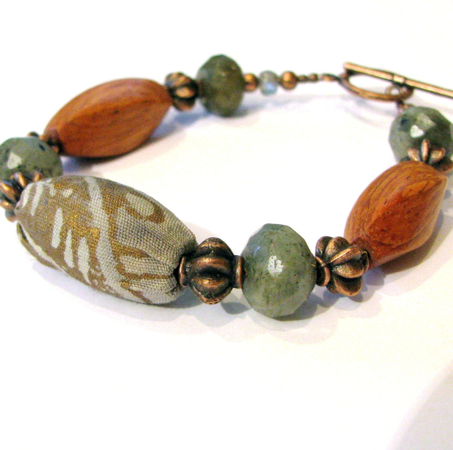 Hand Block Printed Fabric Labradorite and Wood Bracelet Beaded Jewelry