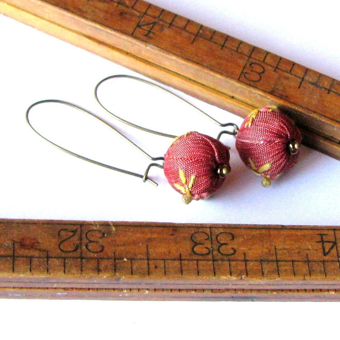 Repurposed Fabric Embroidered Embellished Earrings Beaded Jewelry "OLIVE BRANCH" coral yellow