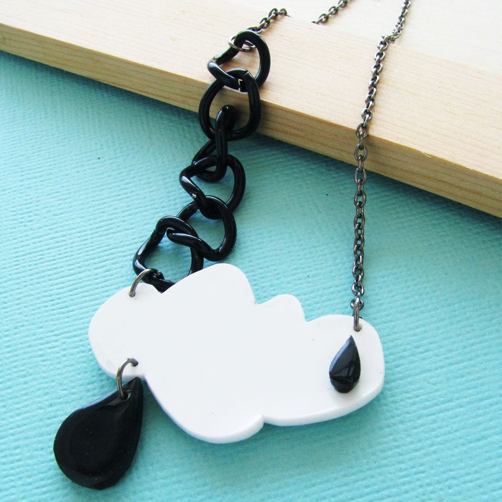 NECKLACE - Puffy White Clouds and Black Raindrops