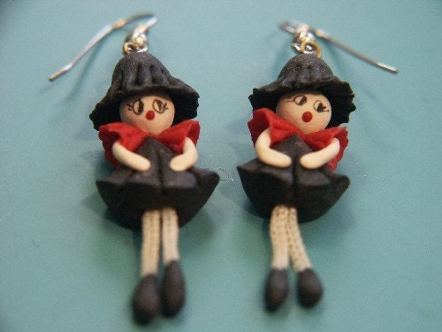 Funny adorable vintage 1960s handmade unique one-of-a-kind pair of fimo clay doll earrings with earhooks