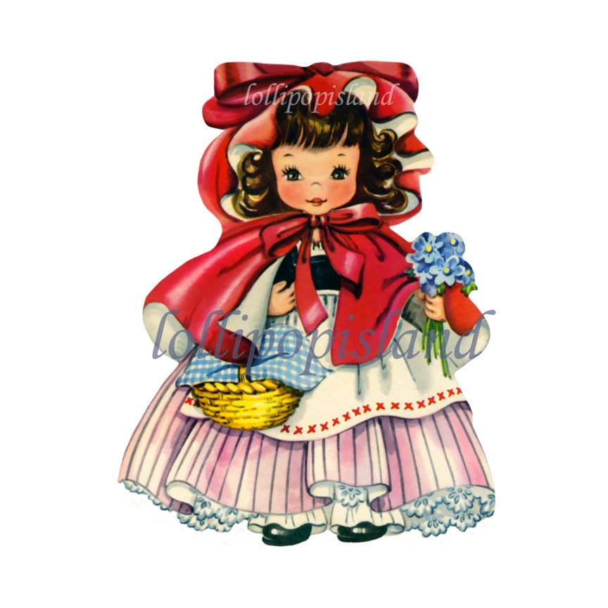 INSTANT DOWNLOAD Little Red Riding Hood digital image (no.372-W) cute retro girl vintage art for paper / fabric crafts etc jpg png