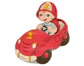INSTANT DOWNLOAD Red Fire Truck - digital image (Little boy no.66-W)  cute retro art for making DIY fabric transfers, cards,etc jpg png
