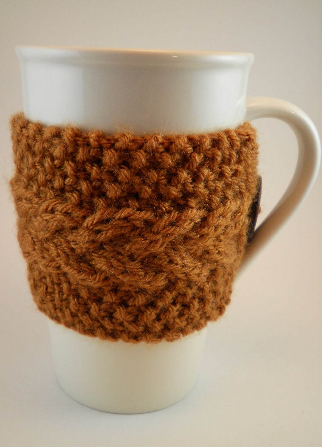 Cup Cozy - Hand Knitted Reusable Coffee Sleeve - Dark Gold - Wheat pattern