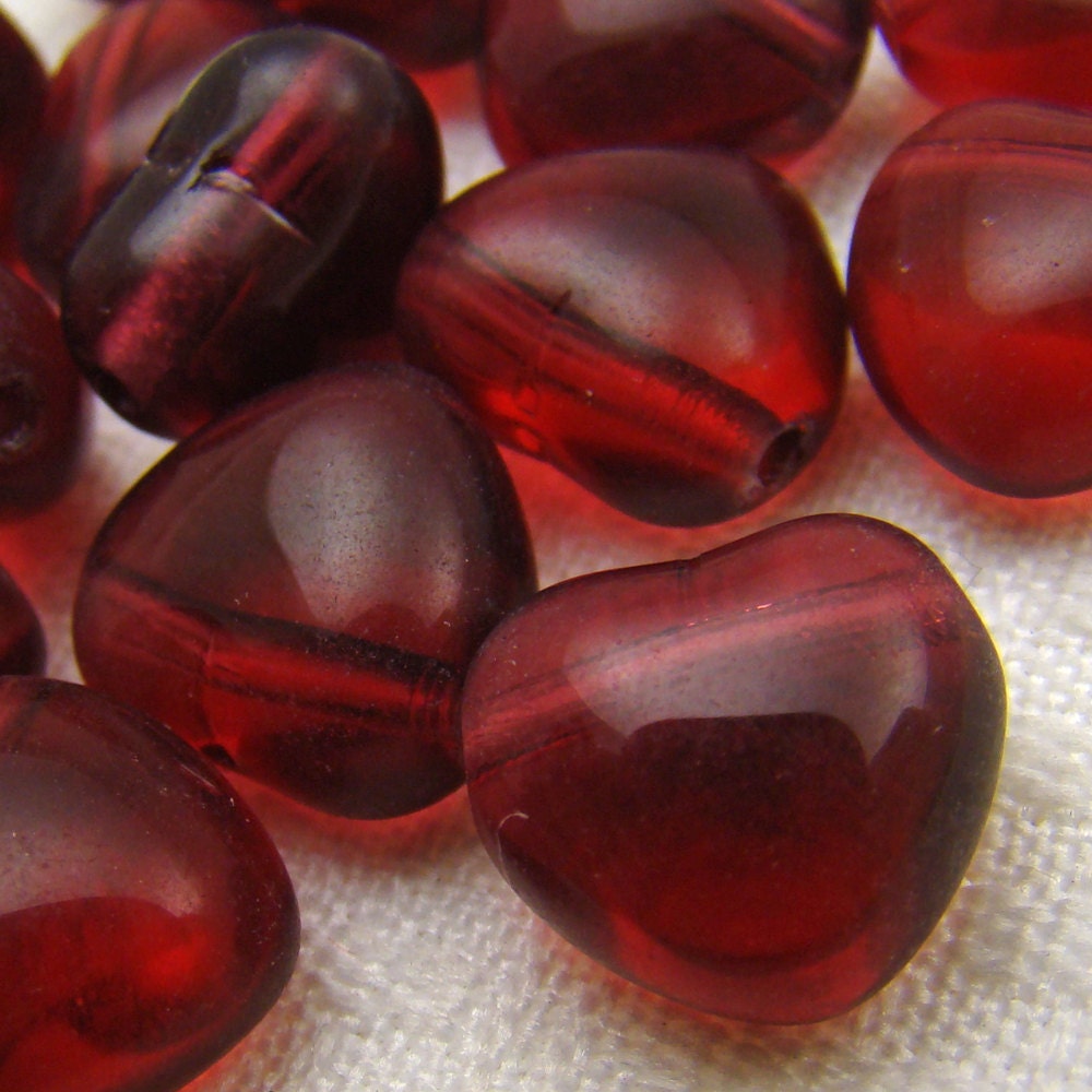 Glass heart beads, red transparent offset Czech 13 mm, 20 pcs