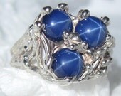 Blue 3 stone Star Sapphire Ring - Artist Signed 1ct round ea  style r7 USA