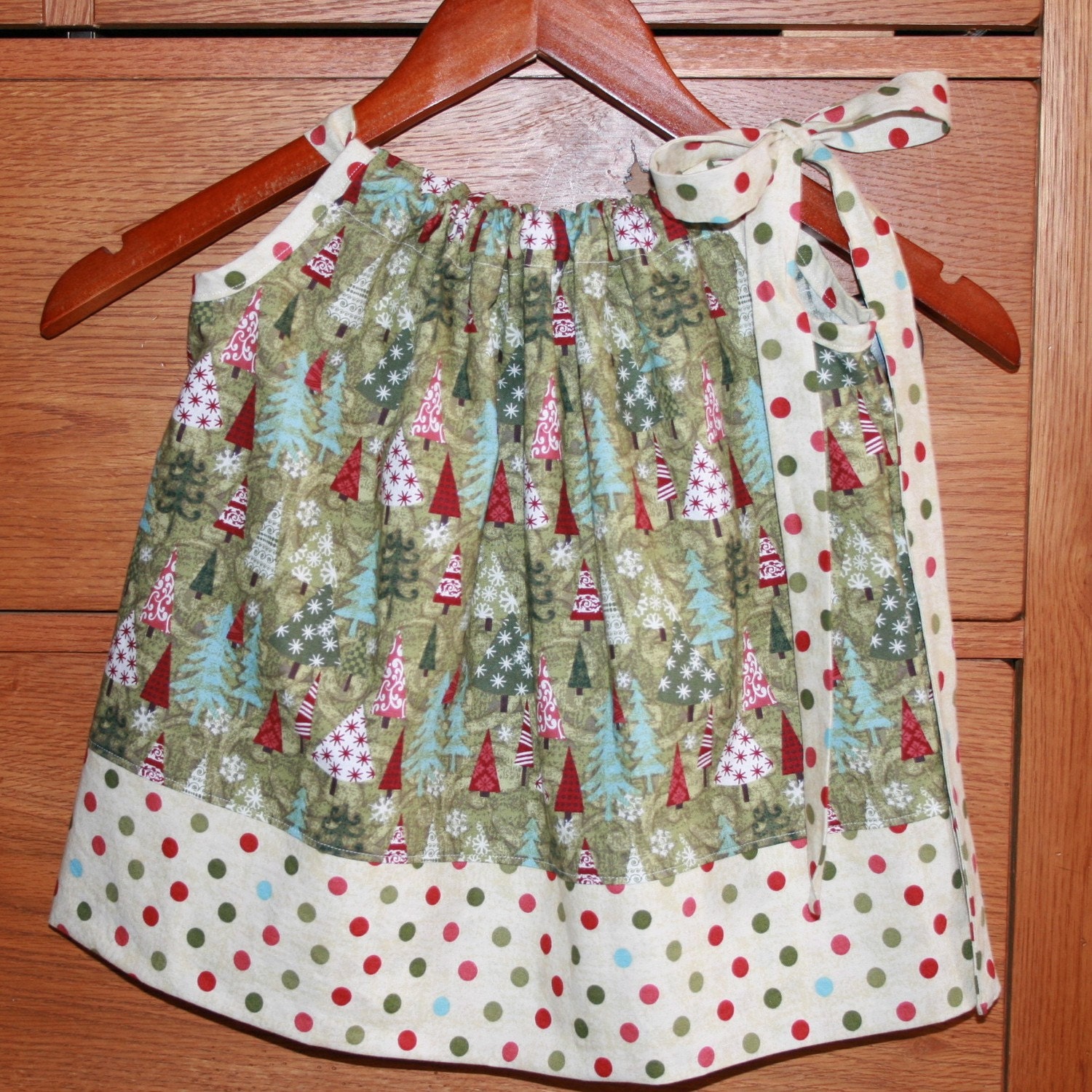 Christmas Trees and Polka Dots Girls Pillowcase Dress in Red and Green - Custom sizes 0-12, 12-24, 2t, 3t, 4t, 5t, 6, 7, 8