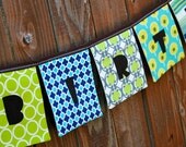 HAPPY BIRTHDAY Reusable Fabric Banner - RETRO in Aqua Blues, Lime Greens, and Browns - ThePolkaDotTotSpot