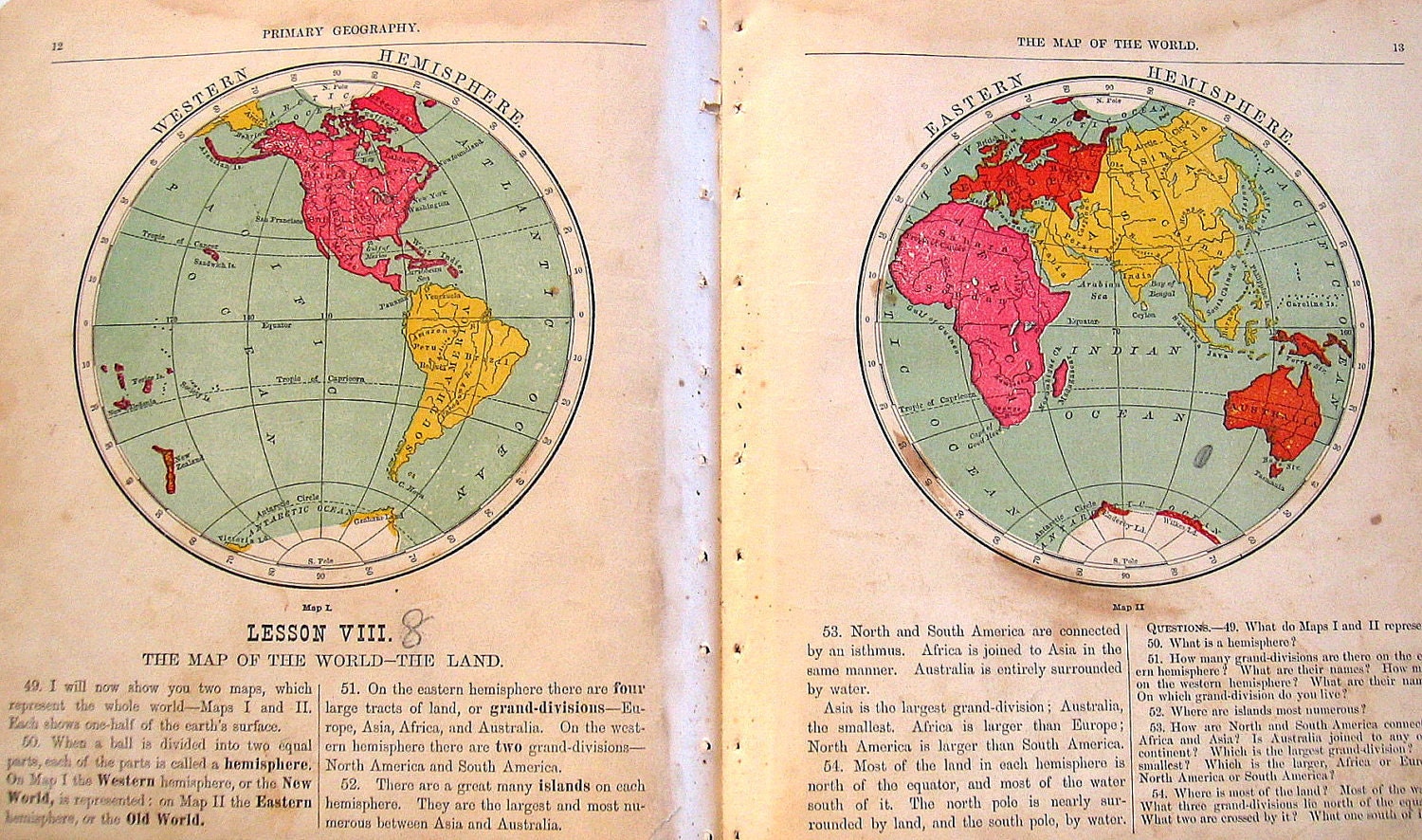 1870 Antique Weathered Map Ilustration Eastern and Western Hemisphere