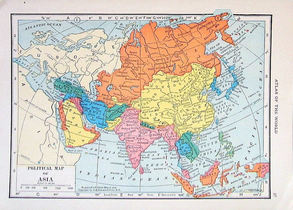 Old Map Asia Political Map, Central, Southern Small 2 Sided Print, 1920's from World Map Atlas 1926