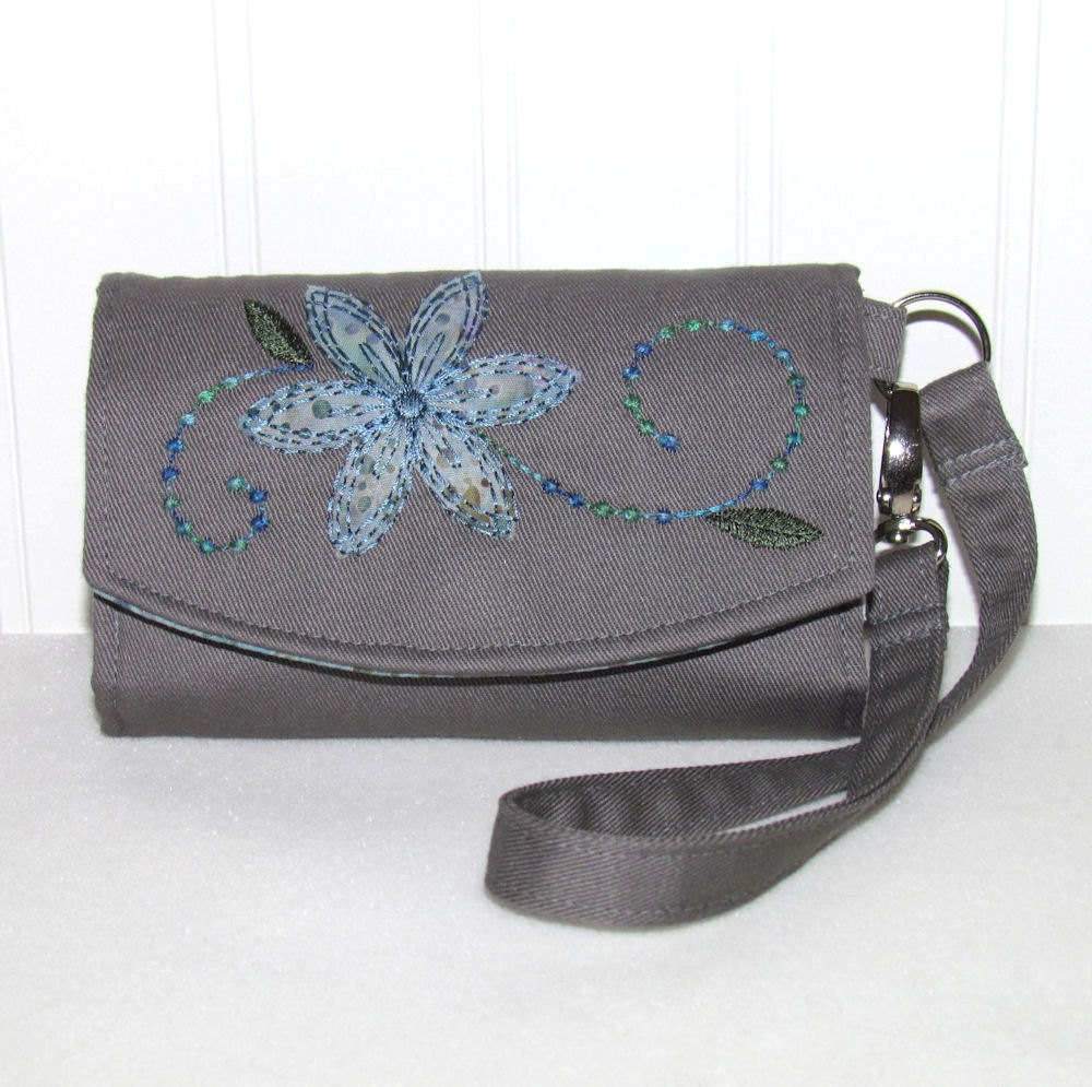 Cell Phone Wristlet Wallet - Gray with Teal Water Drops - Fits iPhone 4 - Droid X - Incredible - Galaxy S - Fascinate - Most Smart Phones