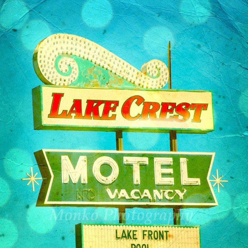 50% OFF SALE- Retro, Travel Photography, Color Photograph- Turquoise 5x5 inch Print of a Vintage Road Sign - Lake Crest