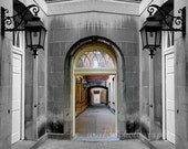 Architecture Photograph, Grey, Gothic, Stone, Black, Landscape, Building, Spooky, Hallway - 5x7 inch Print -Through These Halls