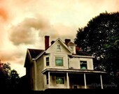 50% OFF SALE- Architecture Photography, House photograph,  Victorian, Halloween, Peach, Pink, Orange, Aqua, Rustic- 8x8 Inch Print