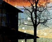 Abstract Winter Photograph, Architecture Picture, Landscape, Silhouette, House, Orange, Blue, Black - 8x10 Print- Winter Electric