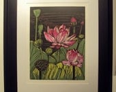 FRAMED Lotus Flower, Black, Magenta, and Green, Woodblock Print, Nature Art
