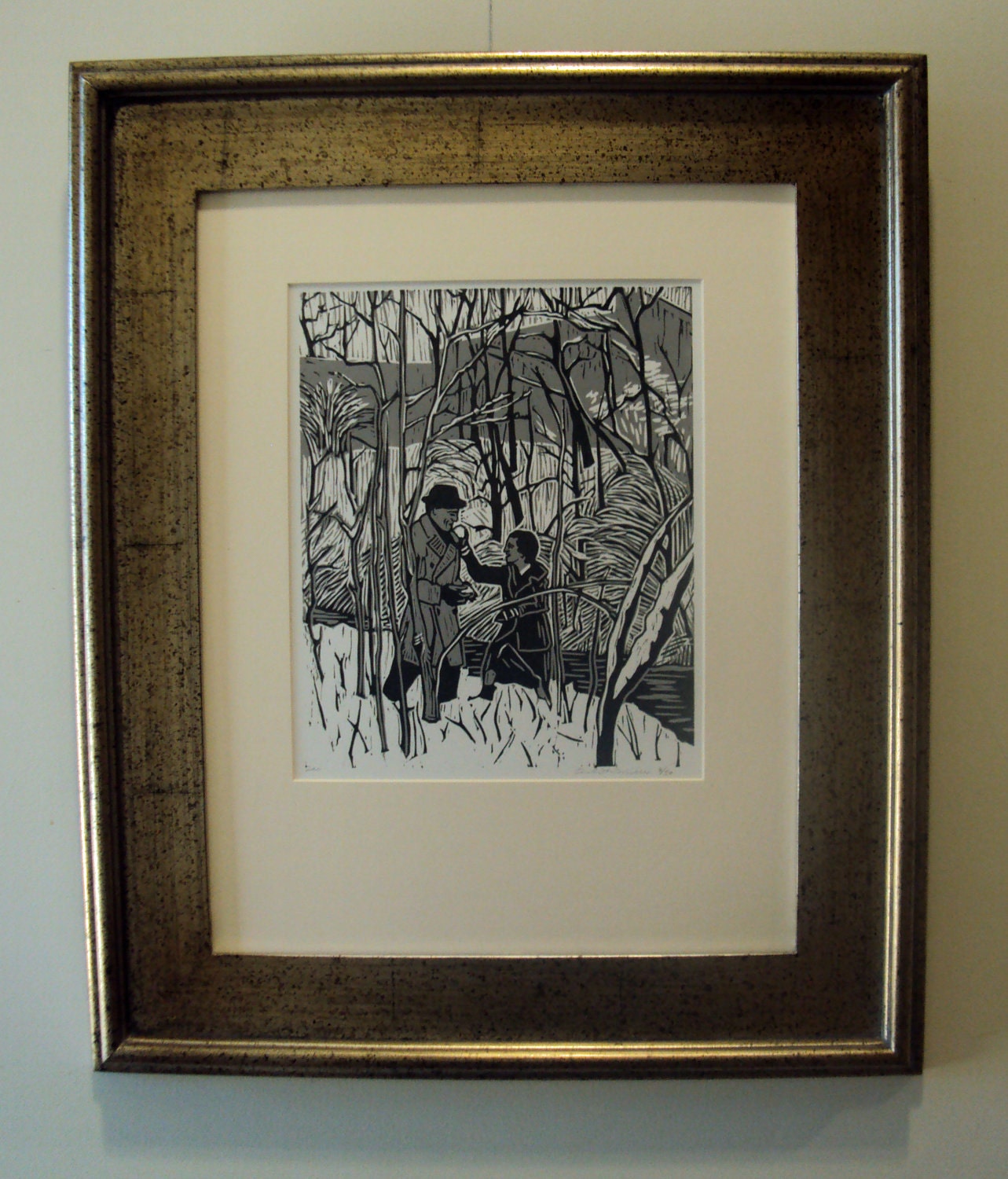 FRAMED Winter Scene, Woods, Snow, Love, A Couple at Christmas, Gray, Black and White