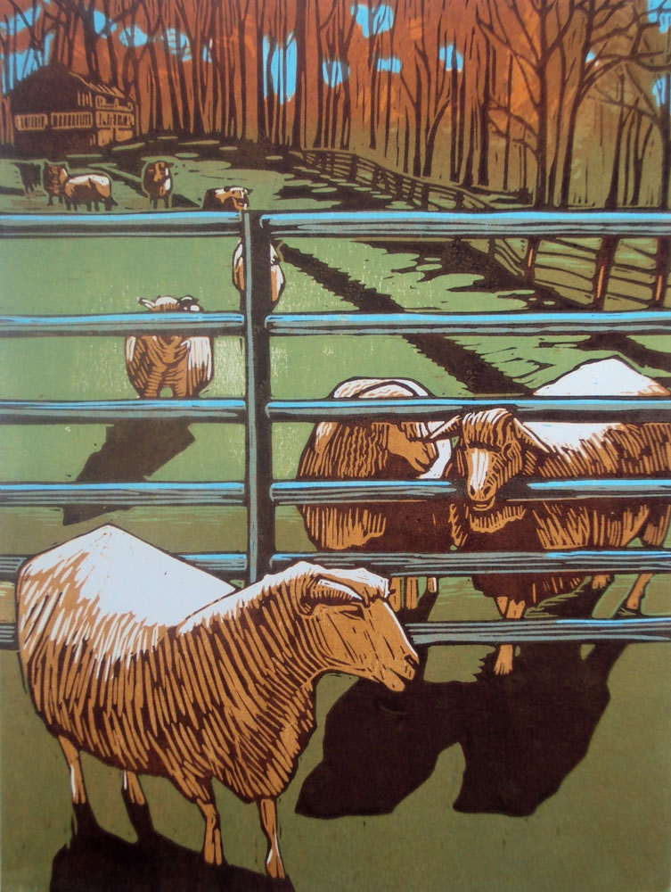 Nature Art, Sheep and Farm, Brown, Green, Orange, Blue, Woodblock Print