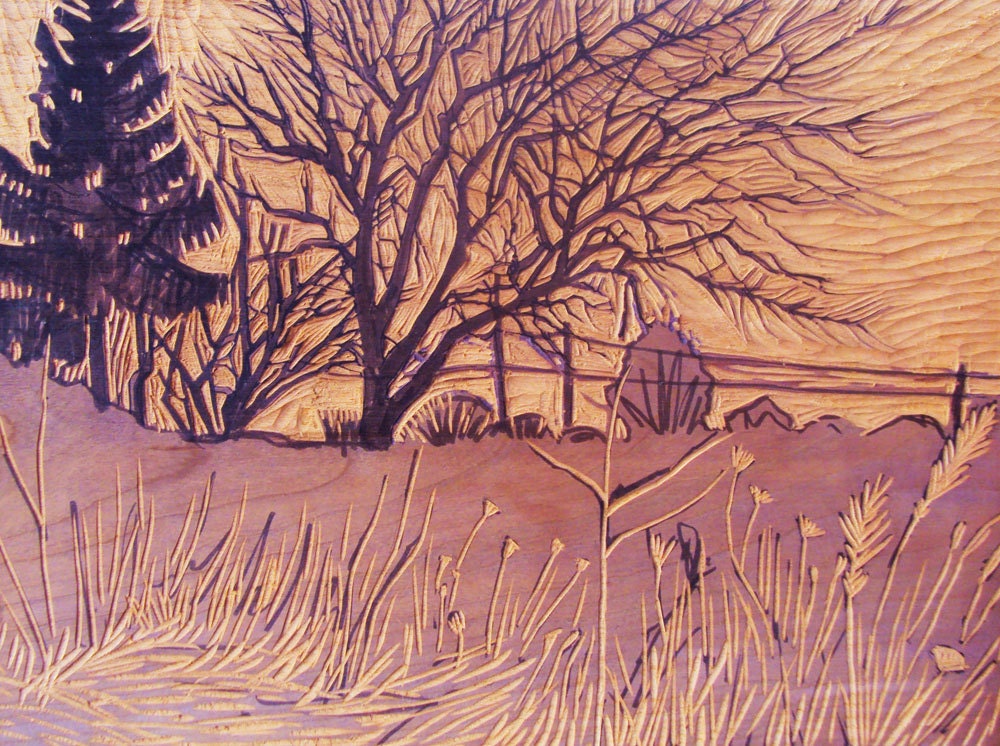 Landscape- Dusk, View from the Highway-Trees, Silhouette, Blue Sky, Woodblock Print