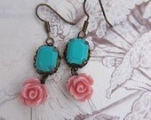 faded flowers pink rose and gem earrings
