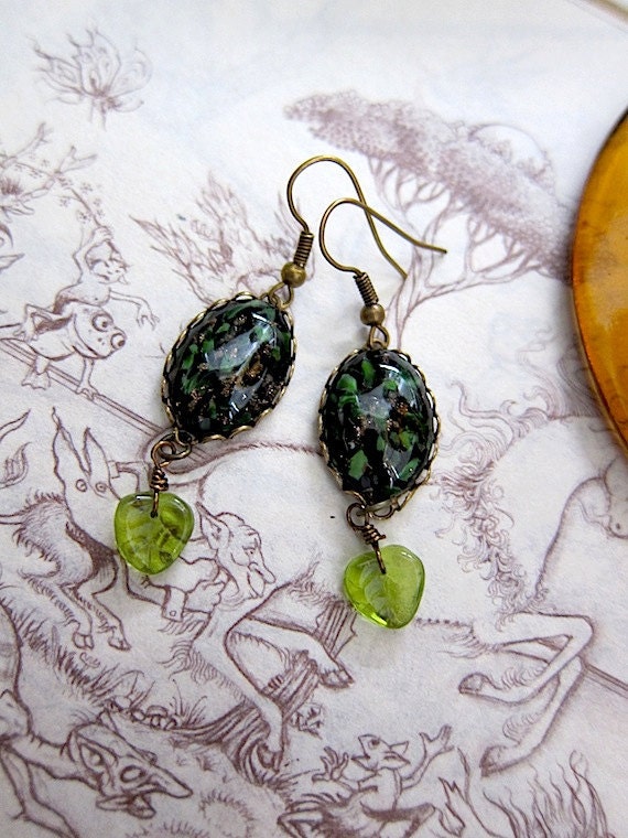 enchanted forest VINTAGE GLASS leafy green earrings