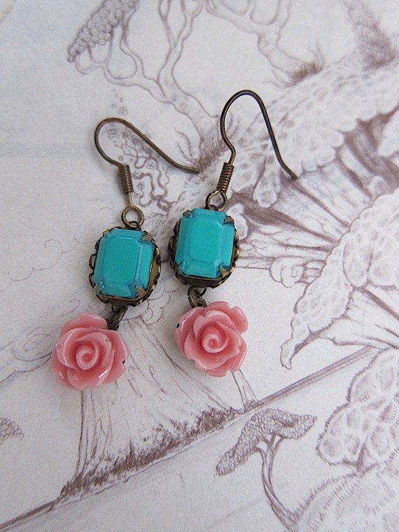 faded flowers pink rose and gem earrings
