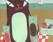 Cat Family Beach Art Print 8x10 - Sailboat Sailing, Jade, Aqua, Blue Green, Orange Red, Olive Gold