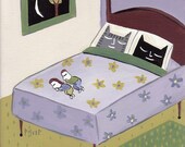 Funny Cat Print 8x10 Cats Sleeping in Bed green purple cream - 3crows