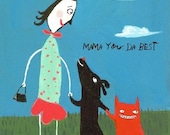 Funny Mothers Day Card, Mama You Da Best - Whimsical Cat and Dog Fun