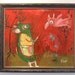 Large Whimsical Original Framed Painting - The Pink Bird - Red and Green