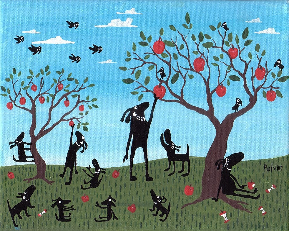 Black Dog Print - Picking Apples in the Orchard in Autumn - Funny, Whimsical Lab Folk Art