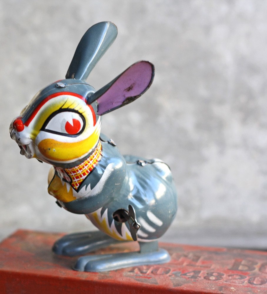 Vintage Gray Tin Toy Rabbit